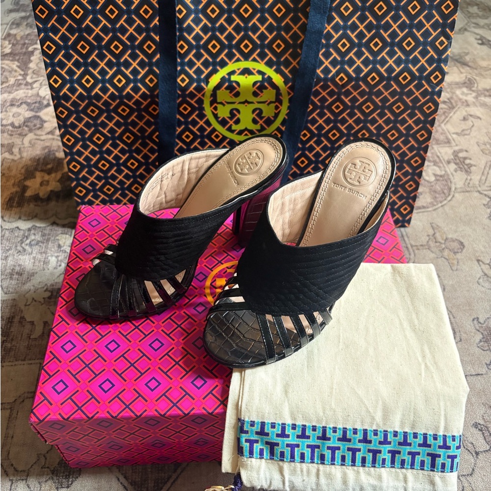 Tory Burch Black Woven Mule Heels